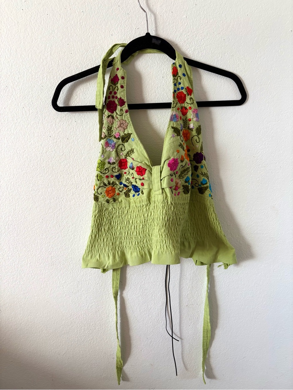Vintage 70s embroidered green floral halter top shirt corset lace up boho - Picture 2 of 3